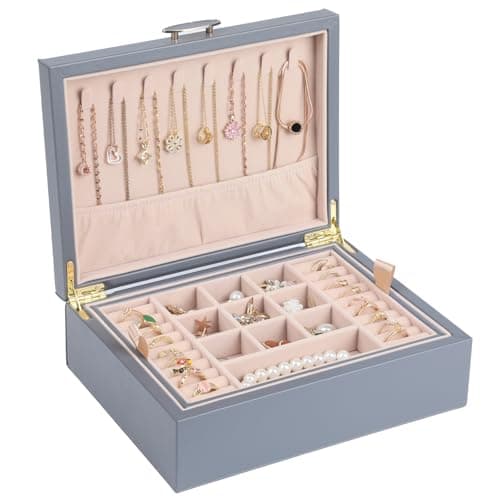 ASINGYER Small Jewelry Organizer for Women, 2-Layer Travel Jewelry Box with Portable Case, Necklace Ring Storage for Dresser, Girls Teens Gifts (Grey) - Image 1