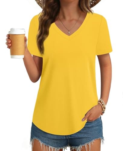 GKBK Womens T Shirts V Neck Short Sleeve Cotton Tops Summer Curved Hem Trendy Basic Tee Shirt Yellow M - Image 1