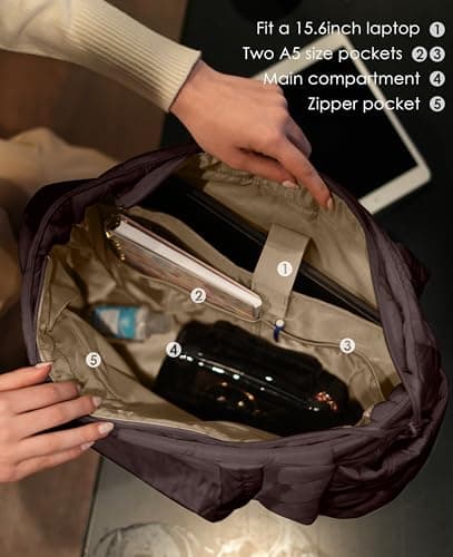 Uselike Tote Bag for Women, Lightweight Puffer Tote Work Bags with Compartments for Travel, Quilted Shoulder Bag with Zipper (Dark Brown) - Thumbnail 4