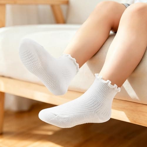 Henland-Jump 6 Pairs Toddler Ruffle Socks for Girls - Baby Grip Socks with Non-Slip, Cute Grippy Frilly Design - Thumbnail 2