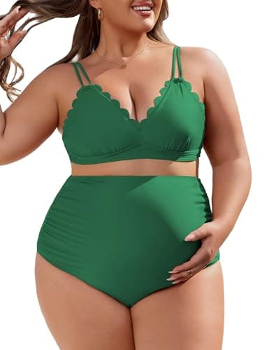 Charmo Maternity Swimsuit Bikini Set High Waist Two Piece Bathing Suit Scallop Trim Pregnancy Swimwear Green XL - Image 1