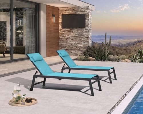 PURPLE LEAF Outdoor Oversized Lounge Chair Set of 3 Patio Chaise Pool Lounger Aluminum Frame with Side Table and Wheels for Outside Sunbathing Tanning Recliner Including Pillows Turquoise Blue - Thumbnail 2