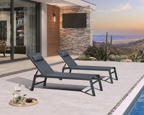 PURPLE LEAF Outdoor Oversized Lounge Chair Set of 3 Patio Chaise Pool Lounger Aluminum Frame with Side Table and Wheels for Outside Sunbathing Tanning Recliner Including Pillows Gray - Thumbnail 2
