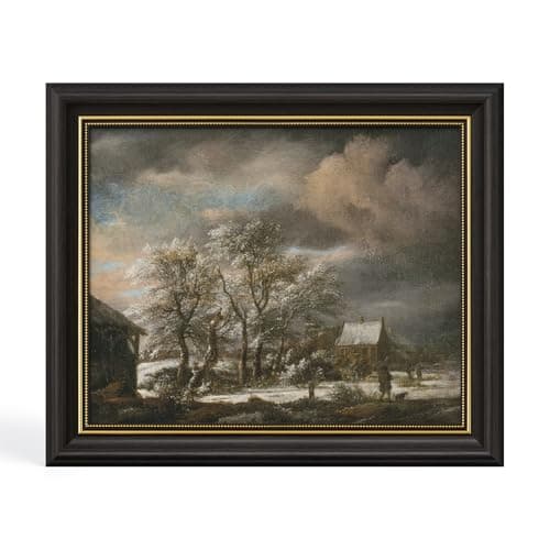 DAJONART Vintage Gold Framed Moody Winter Wall Art, Snowy Village Landscape with Dog & Cottage, Framed Canvas Prints Painting Christmas Decor, Rustic Holiday Gift for Home, 8x10 - Image 1