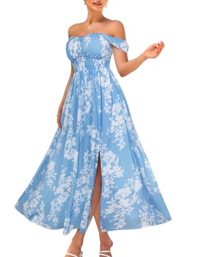 2025 Women's Summer Sleeveless Off Shoulder Floral Flowy A Line Maxi Dresses Blue White L - Image 1