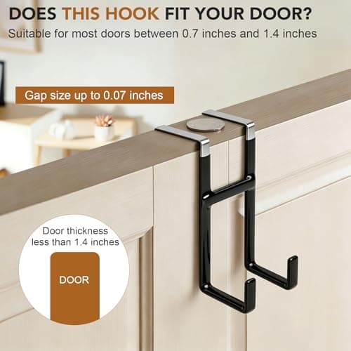 Dntorx Over Door Hook, 2 Pack Over Door Hanger with Dual Hook Heavy Duty Metal Hanger with Non Slip Rubber Over The Door Organizer Hanger for Hanging Clothes Towels Hats Bags（Black ） - Thumbnail 4
