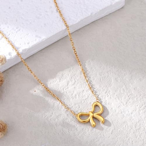 Fimhut Gold Necklace for Women Girls Easter Basket Stuffers - 18K Gold Plated Dainty Necklace Cute Small Tiny Bow Pendant Choker Chain Necklaces Trendy Necklaces for Women Girls Teenage - Thumbnail 5