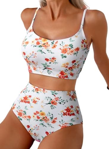 Herseas Women's High Waisted White Bikini Sets Adjustable Straps Daisy Pattern Modest Swimsuits Scoop Neck Two Piece Reversible Bottom Bathing Suits Trendy Swimming Suits X-Large - Image 1