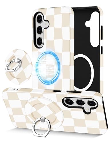 Aitipy Magnetic Checkered Phone Case for Samsung Galaxy S23, Compatible with Magsafe, with Cute Checkerboard Stand Ring Holder Aesthetic Protective Phone Cover for Women Girls - Beige - Image 1