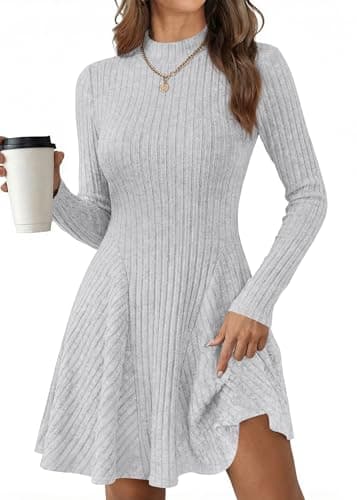 KIRUNDO Sweater Dress for Women 2026 Spring Fall Long Sleeve Mock Turtleneck A Line Fit and Flare Ribbed Knit Short Dresses(Grey, Medium) - Image 1
