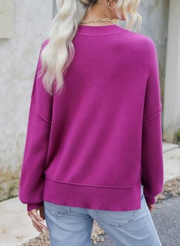 Dokotoo Womens Oversized Sweaters Crew Neck Solid Color Casual Loose Knitted Crop Tops Cute Chunky Knit Sweaters Fall Clothes for Women 2025 Violet X-Large - Thumbnail 2