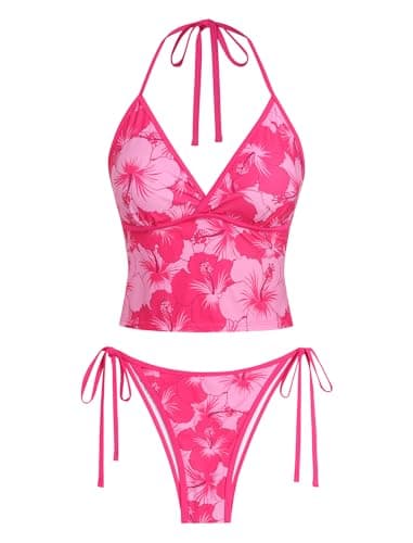 Jillumi Halter Tankini Swimsuits for Women Cute V Neck Cute Tie Side High Cut Bikini Swimsuits 2 Piece Bathing Suits Chic Tankini Set Rose Red Flower XL - Image 1