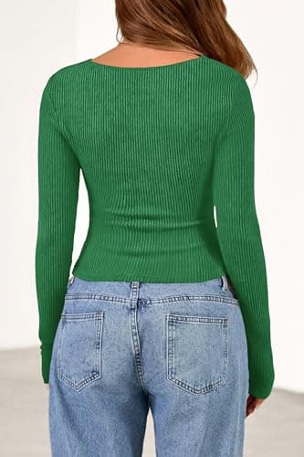 PRETTYGARDEN Women's Long Sleeve Cowl Neck Ribbed Knit Spring Shirts Slim Fit Ruched Going Out Crop Tops Basic T-Shirts(Green,X-Large) - Thumbnail 5