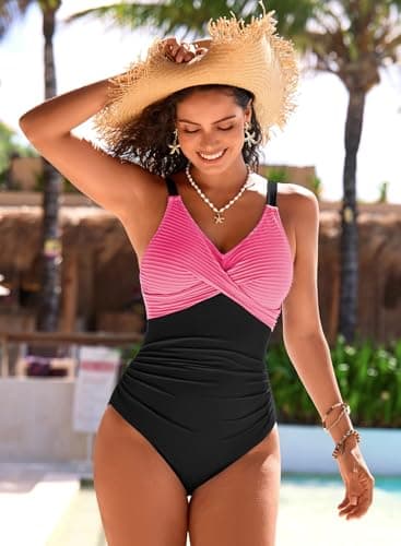 Pink Queen Womens Swimsuits One Piece Patchwork Bathing Suit Classy Tummy Control Twist Front Swimwear Pink M - Thumbnail 3