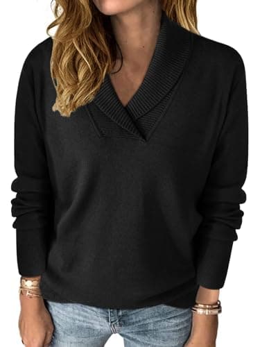 HDLTE Casual V Neck Sweaters for Women Shawl Collar Long Sleeve Work Sweater Dressy Ladies Polo Sweater Fall Winter 2025 (Black,L) - Image 1