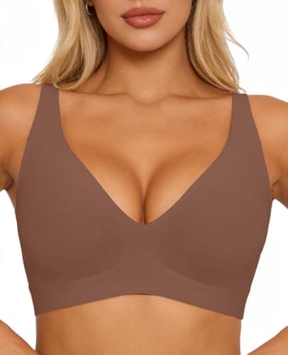 Jelly Wireless Bra Seamless Deep V Push Up T-Shirt Comfortable Plunge No Underwire Bras with Adjustable Straps Everyday Bras Coffee - Image 1