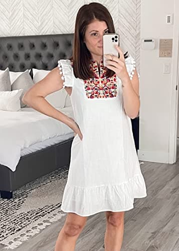 KIRUNDO Women's 2026 Summer Mini Dress Spring Casual V Neck Floral Embroidered Ruffle Sleeveless Shift Flowy Boho Dress (B-White, X-Large) - Thumbnail 6
