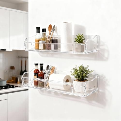 2 Packs Clear Floating Display Shelves for Wall, Clear Acrylic Card Display Shelf Room Decor for Doll Figurine/Book/Photo/Makeup in Living Room, Bedroom, Kitchen Storage and Bathroom Wall Organizer - Thumbnail 3