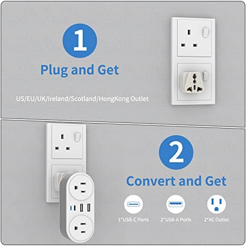 European Travel Plug Adapter for Europe & UK, CHUAFIUR International Power Plug with 2 AC Outlet and 3 USB Ports, Type C Adapter American to UK EU Ireland Italy Israel Spain France Travel Essentials - Thumbnail 3