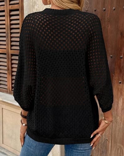 KIRUNDO Crochet Tops for Women Summer Batwing Sleeve Beach Sweater Lightweight Knit Cover Up Shirts Cruise Vacation Outfits(Black, Medium) - Thumbnail 6