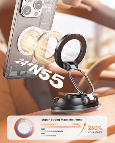 SUPERONE Car Phone Holder for Magsafe [78+LBS Strongest Suction & 2800gf Magnetic] 360° Adjustable Magnetic Car Mount, Foldable Cell Phone Holders for Your Car for iPhone 17 16 15 14 13 12 Series - Thumbnail 2