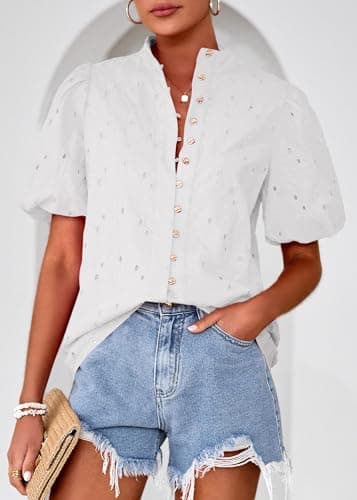 Lazysmile Summer Boho Tops for Women Short Sleeve V Neck Button Down Hollow Out Lace Embroidered Blouses Shirts White - Thumbnail 6