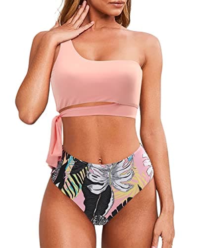 MOOSLOVER Women One Shoulder High Waisted Bikini Tie High Cut Two Piece Swimsuits(S,Pink Flower) - Image 1