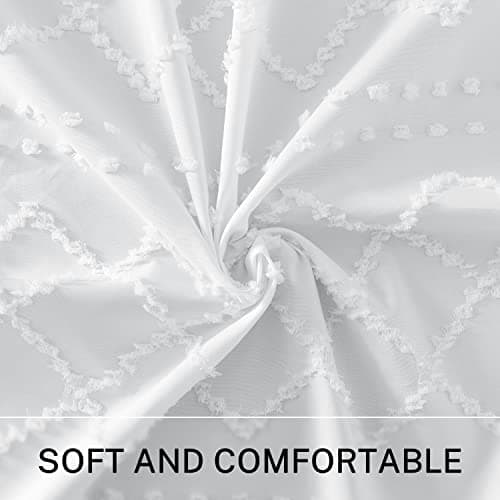 White Boho Shower Curtain Fabric Shower Curtains with Tassel 72 x 72 Modern Textured Shower Curtain Farmhouse Minimalist, Tufted Chevron Striped Shabby Chic, Water Resistant Cloth Curtain for Bathroom - Thumbnail 2