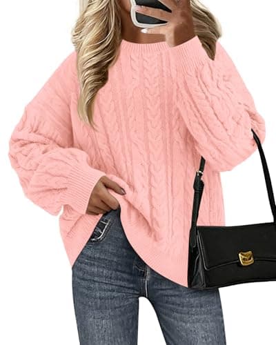 KIRUNDO Oversized Chunky Cable Knit Sweater Women 2026 Fall Fashion Cozy Long Sleeve Crewneck Pullover Winter Clothing(Pink, Medium) - Image 1