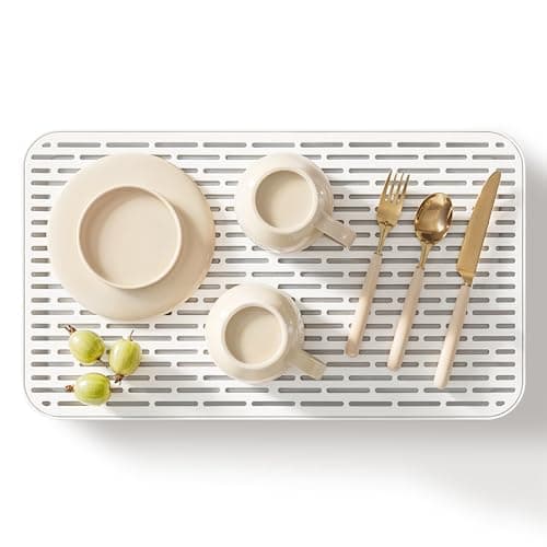 deepstone 3-Layer Stone Dish Drying Mat for Kitchen Counter, 16” x 9” Diatomaceous Stone Drying Mat with Removable Plastic Topper + Non-Slip Base Pad, Quick Dry Dish Drying Mat, White - Image 1