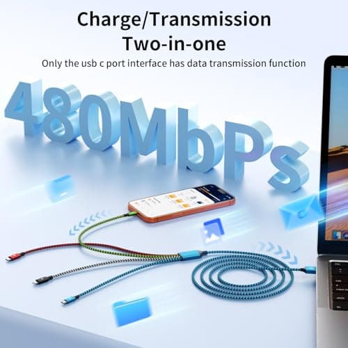 Travel Essentials, Dual Type-C 4 in 1 Multi Charging Cable 2 Pack 5FT Multi Charging Cables for All Devices,Charger Cord Adapter 2USB-C/IP Port for Cell Phones ( Blue&Black,USB A to 3 Type C+1IP ) - Thumbnail 5