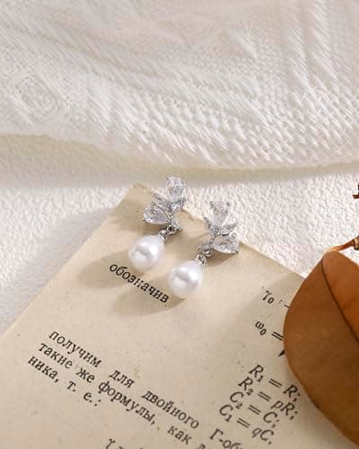 Pearl Earrings for Women, Hypoallergenic Silver Cubic Zirconia Pearl Drop Earrings Bridal Shower Gifts for Wedding Party - Thumbnail 4