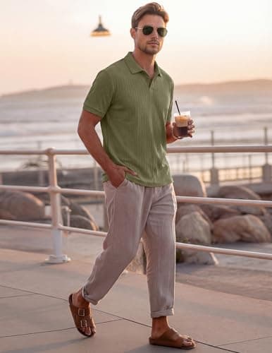 JMIERR Polo Shirts for Men Classic Short Sleeve Summer Casual Vintage Soft Button Old Money Knit Shirt, Laurel Green, XL - Thumbnail 5