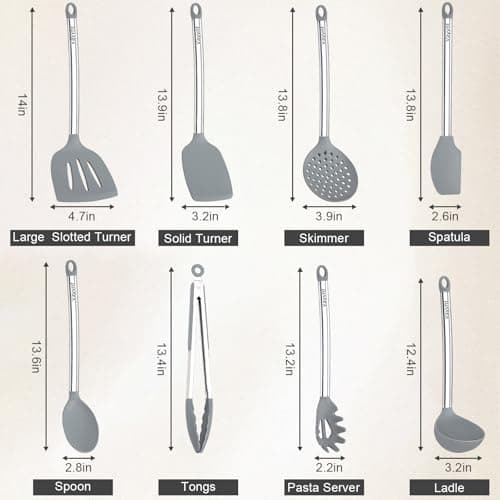 8 PCS Cooking Utensils Set, Vayvnt Silicone Kitchen Spatula Set for Cooking, Non Toxic Silicone Kitchen Utensils with Stainless Steel Long Handle, Spoon and Tong, Heat Resistant&Dishwasher Safe, Gray - Thumbnail 2