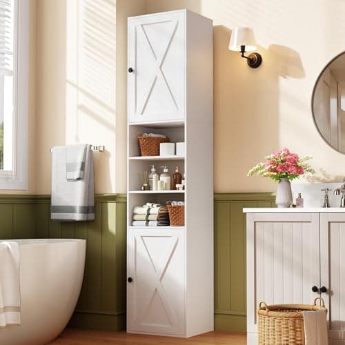 70.8" Tall Bathroom Storage Cabinet with 2 Barn Doors, Narrow Storage Cabinet with Adjustable Shelves & Open Compartments, Slim Floor Cabinet for Bathroom, Kitchen, Entryway, Living Room, White - Image 1