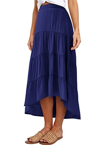 PRETTYGARDEN Women’s Bohemian Summer Midi Skirt High Low Hem Tiered Pleated Skirts Flowy High Waisted A-Line Maxi Skirt (Navy, Large) - Image 1