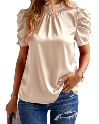 BTFBM Womens Tops Dressy Casual Mock Neck Puff Short Sleeve Shirts Back Tie Business Work Blouses Summer Fall 2025(Solid Beige, Small) - Image 1