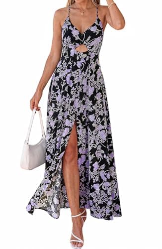 BTFBM Summer Dresses for Women 2026 Spring Floral Spaghetti Strap Smocked Cutout Maxi Dress Resort Beach Vacation Outfit(Floral Black Purple, XX-Large) - Thumbnail 6
