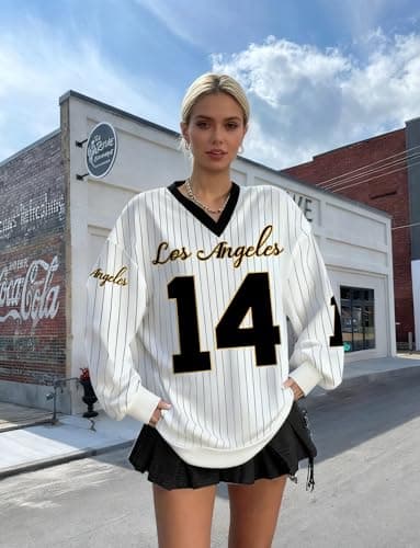 Jersey Shirts for Women Oversized Jersey Sweatshirts V Neck Striped Long Sleeve Casual Y2k Baggy Streetwear Tee Tops White-Black - Thumbnail 4