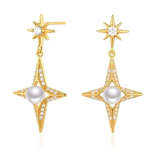 VALLOEY ROVER Starburst Stud Earrings for Women 14K Gold Plated Cubic Zirconia Pearl Ear Stud 925 Sterling Silver Post Everyday Jewelry Gift for Women - Image 1
