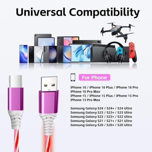 ComfyBay 3.3FT USB C Charging Cable, Flowing Light Up Charger Cord, Compatible with Samsung Galaxy, iPhone 16/15, iPad, and More (Pink with Red Light) - Thumbnail 6