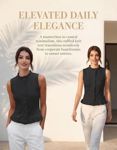 Hilomirics Womens Sleeveless Sweater Vest Mockneck Button Down Vacation Tank Top Summer Ruffle Going Out Vest Tops Black - Thumbnail 2