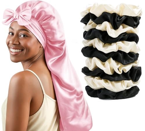 Long Hair Bonnet for Women, XL Silky Satin Sleeping Cap with Tie Band for Braids Curly Hair, Includes 10PCS Scrunchies Pink