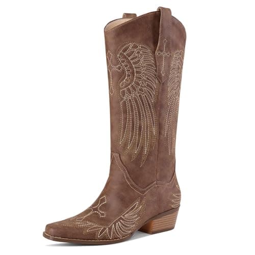 RONILURN Womens Knee High Boots Cowboy Cowgirl Tall Western Boots Pull On Square Toe Low Chunky Heel Retro Dress Ladies Comfortable Embroidered Boot - Image 1