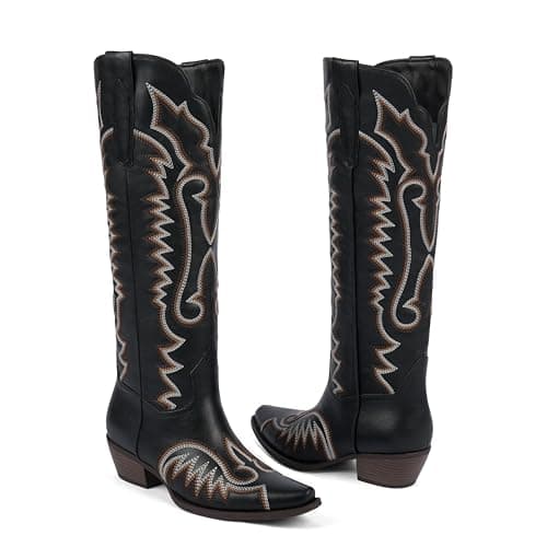 Easyfox Cowgirl Boots Women Embroidery Black Cowboy Knee High Boots Chunky Heel Square Toe Western Boots for Women Size 7.5 - Thumbnail 4