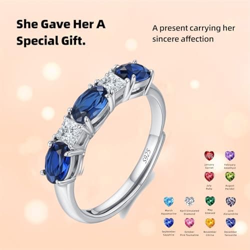 925 Sterling Silver Birthstone Rings for Women - Adjustable Size Women Jewelry Birthday Gifts for Girlfriend,Wife,Mom (09 - Sapphire) - Thumbnail 2