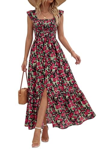 dowerme Womens Summer Maxi Dresses 2026 Casual Ruffle Sleeve Button Smocked Floral Slit Boho Dress Spring Beach Sundress(Black Red Flower,Medium) - Image 1