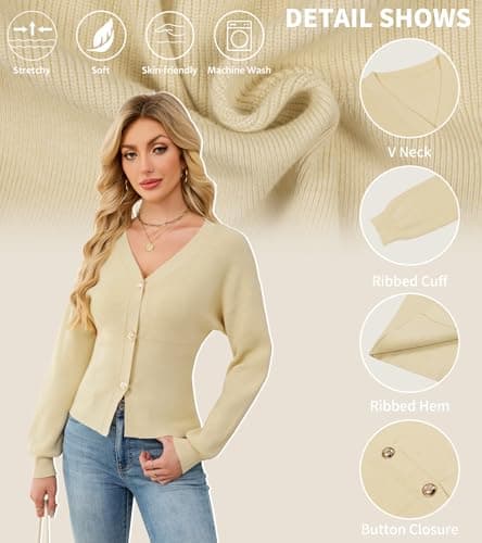 ECOWISH Cardigan Sweaters for Women 2025 Fall Long Sleeve V Neck Button Down Cropped Sweater Winter Ribbed Knit Outwear 475 Grey S - Thumbnail 5