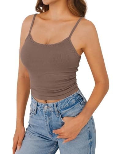 GKBK Women Lace Tank Top Y2K Slim Fit Low Cut Adjustable Spaghetti Strap Sleeveless Camisole Cute Basic Summer Going Out Tops Brown S - Thumbnail 2