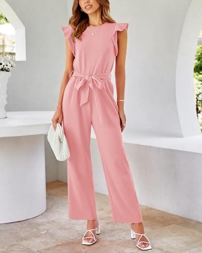 BTFBM Jumpsuits For Women 2026 Crew Neck Dressy Cap Sleeve Belted High Waist Wide Leg Romper One Piece Casual Outfits Pockets(Pink, Medium) - Thumbnail 5